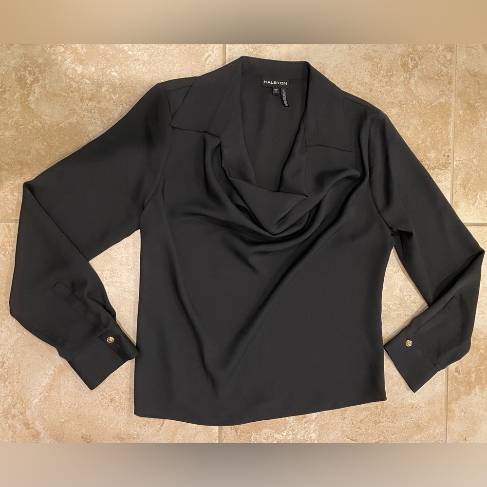 NWOT Halston Heritage Women's Long Sleeve Cowl Neck Black Blouse - Large - Picture 9 of 13